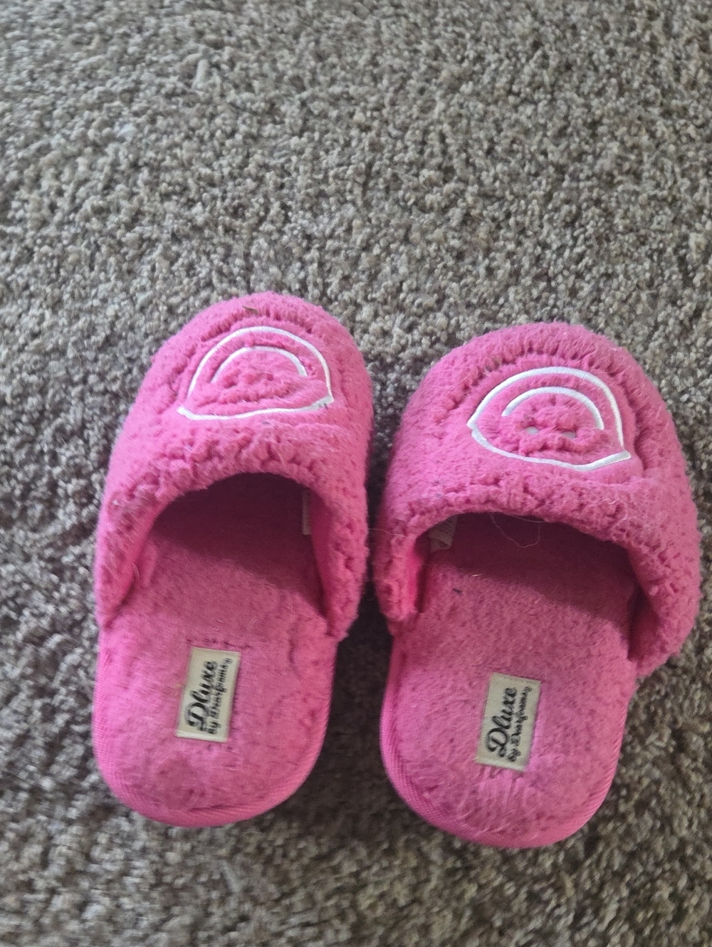 Kids Plush Pink Slide Slippers with Embroidered Rainbow